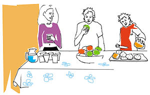 Illustration av matgäster
